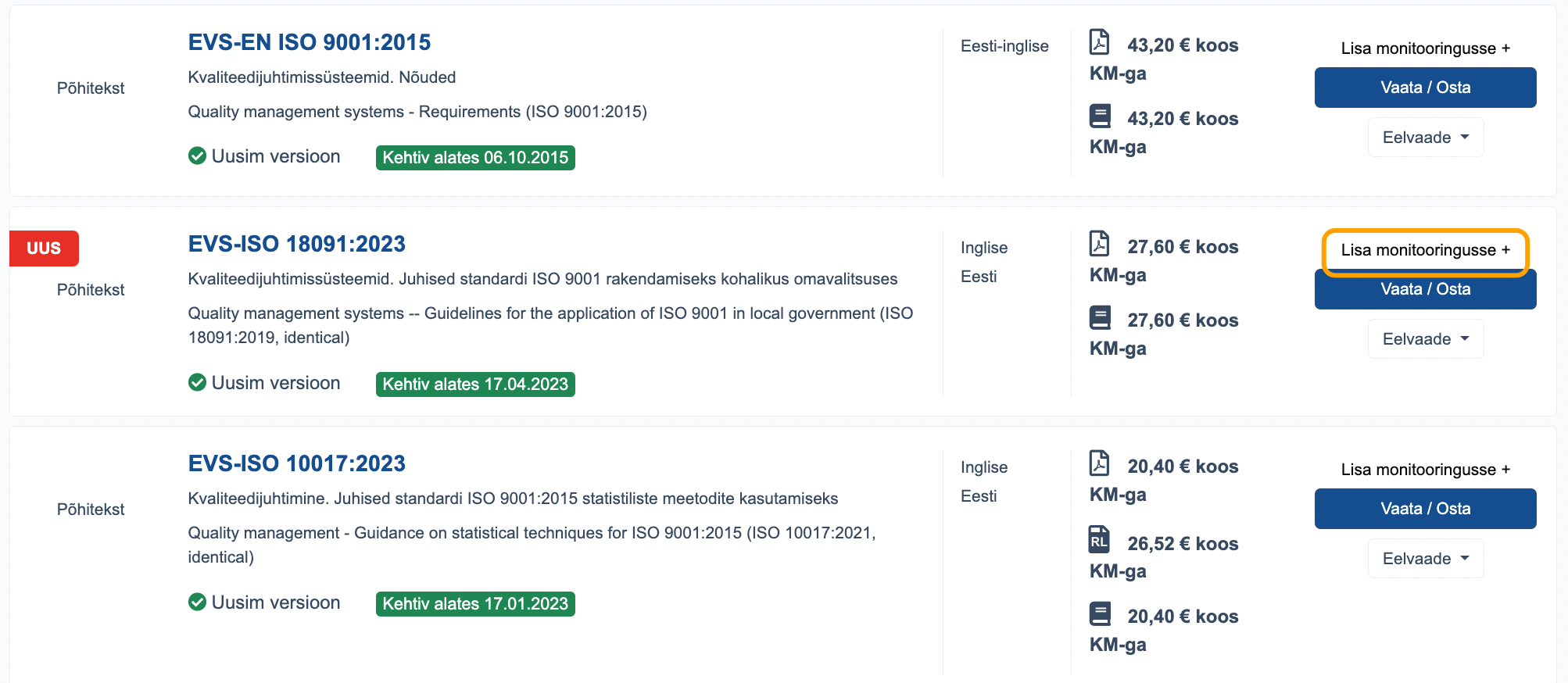Illustratsioon näitab, kus asub e-poes lisa monitooringusse nupp.